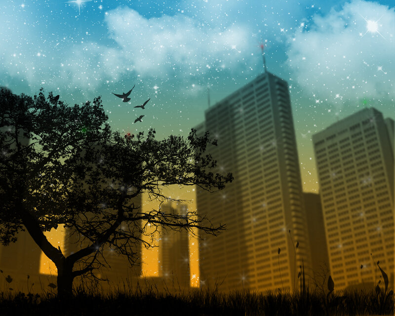 City skyline at night with stars