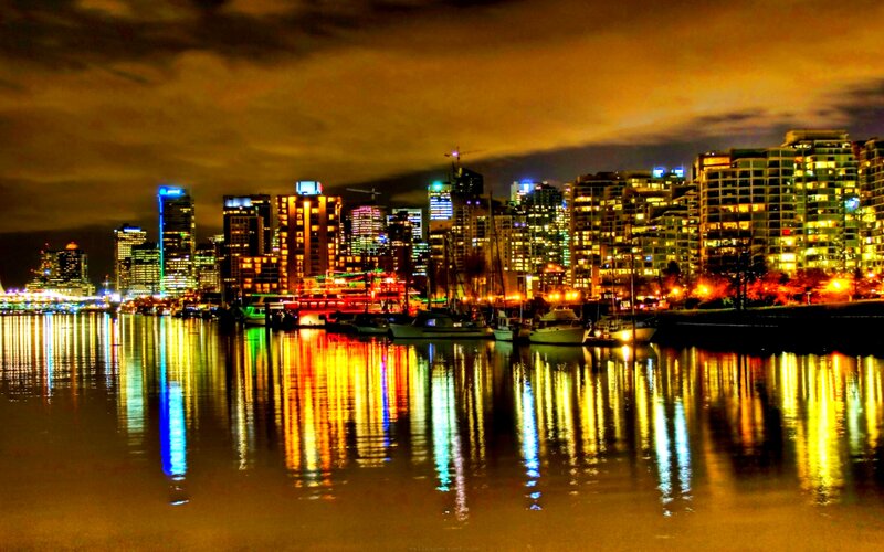 City Skyline at Night — Yellow, Dramatic, Photograph, Buildings
