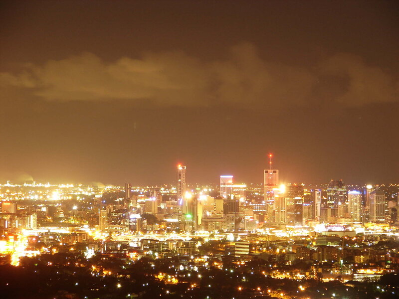 City Skyline at Night — Yellow, Dramatic, Photograph, Skyscrapers, Lights