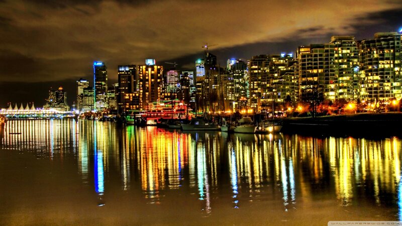 City Skyline at Night — Yellow, Dramatic, Photograph