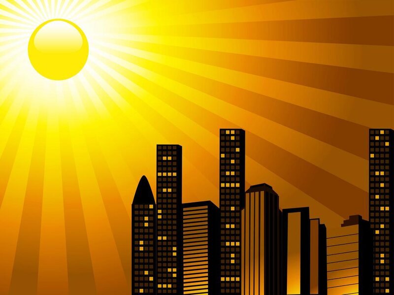 City skyline at sunrise