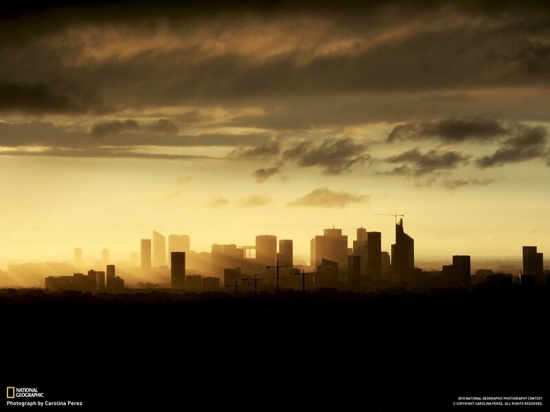 City skyline at sunrise
