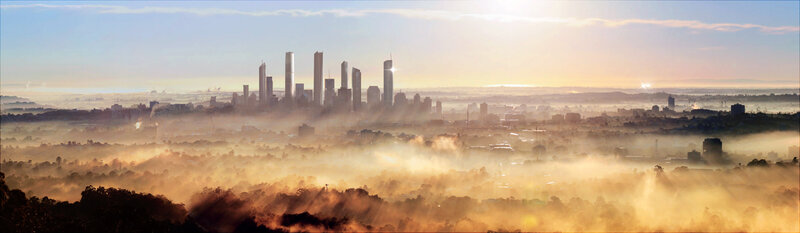 City skyline at sunrise