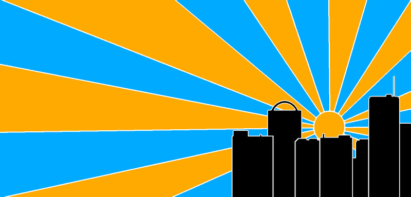 City Skyline at Sunrise — Blue, Dramatic, Vector Art