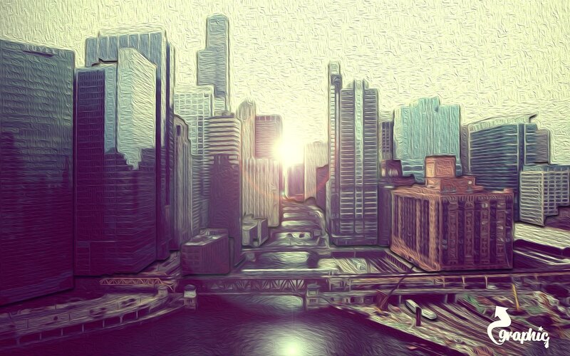 City Skyline at Sunrise — Purple, Dramatic, Digital Art