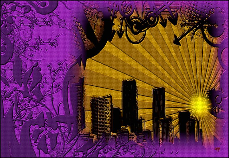 City Skyline at Sunrise — Purple, Dramatic