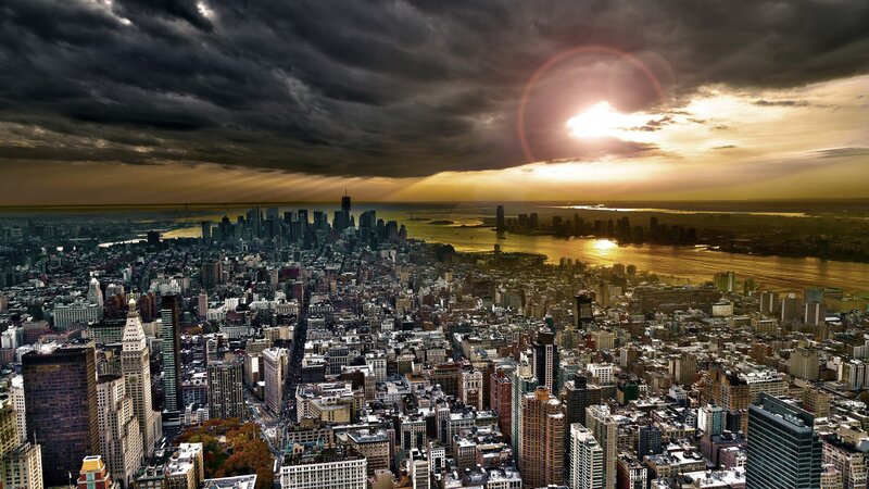 City skyline at sunset