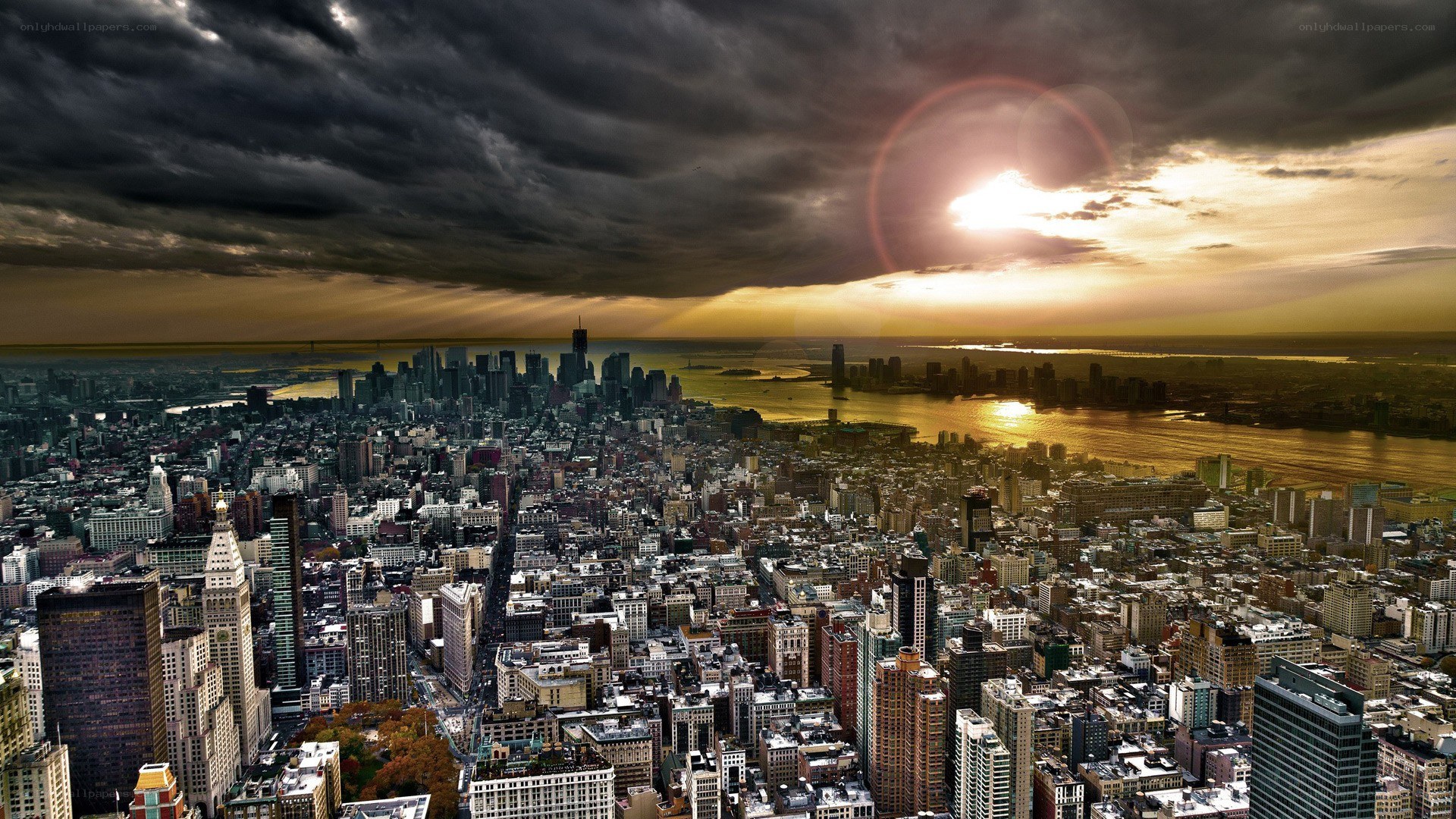 City skyline at sunset