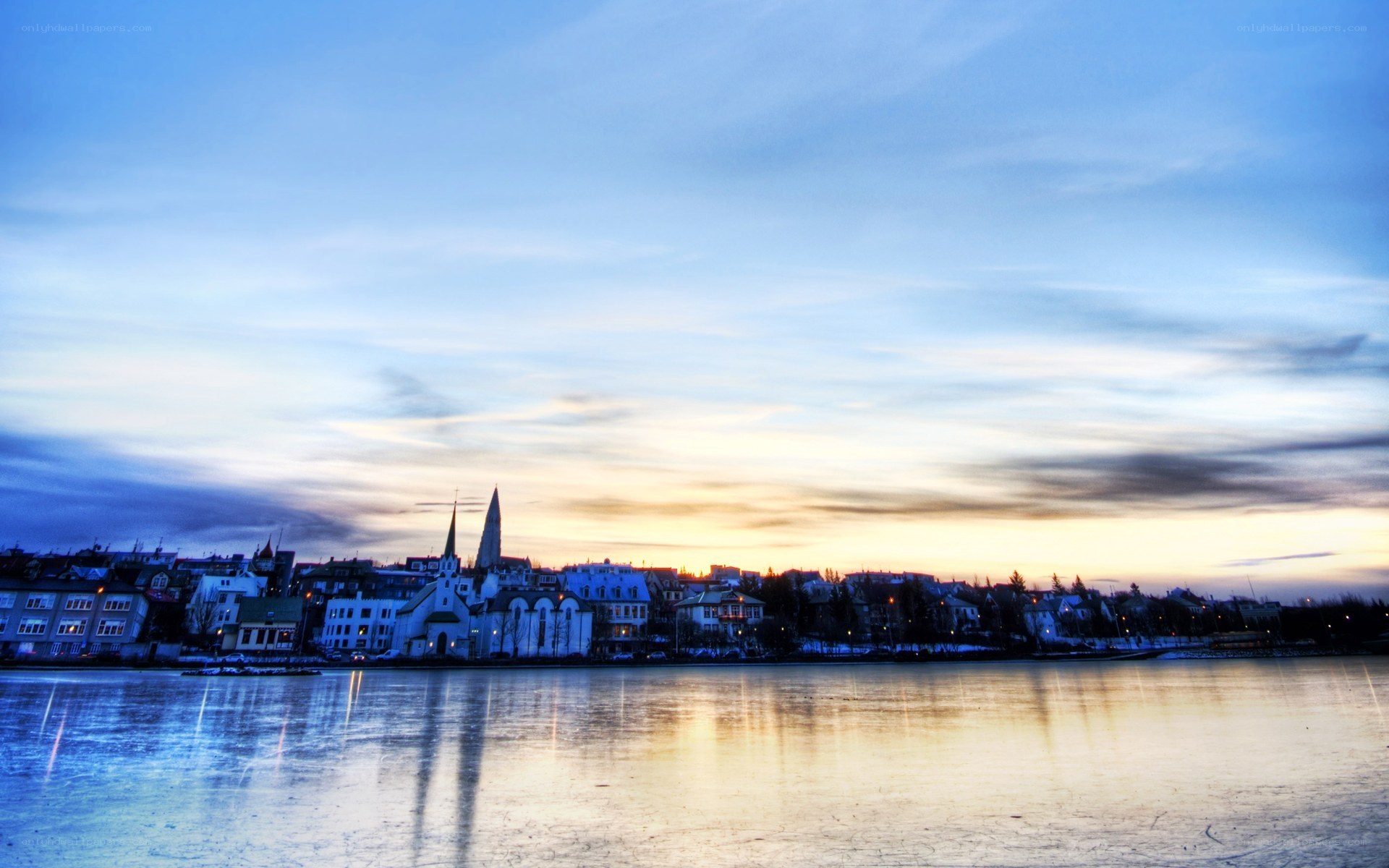 City skyline at sunset