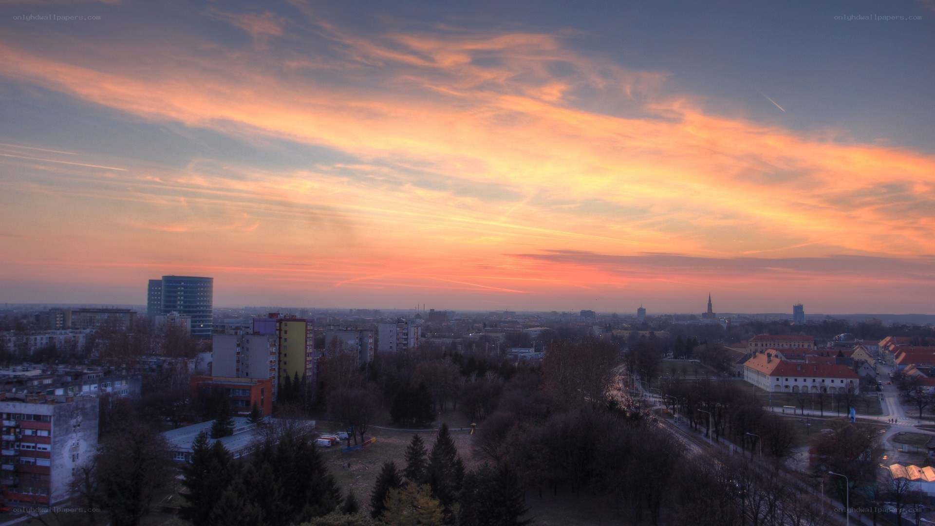 City skyline at sunset