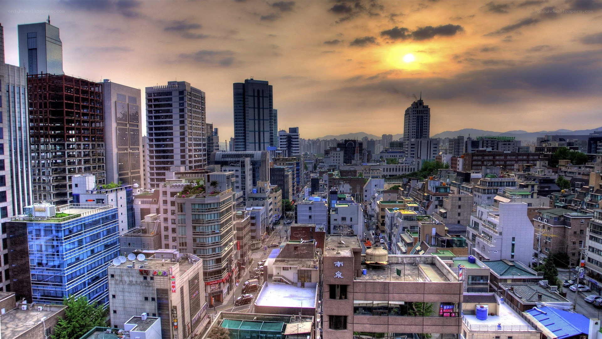 city skyline at sunset