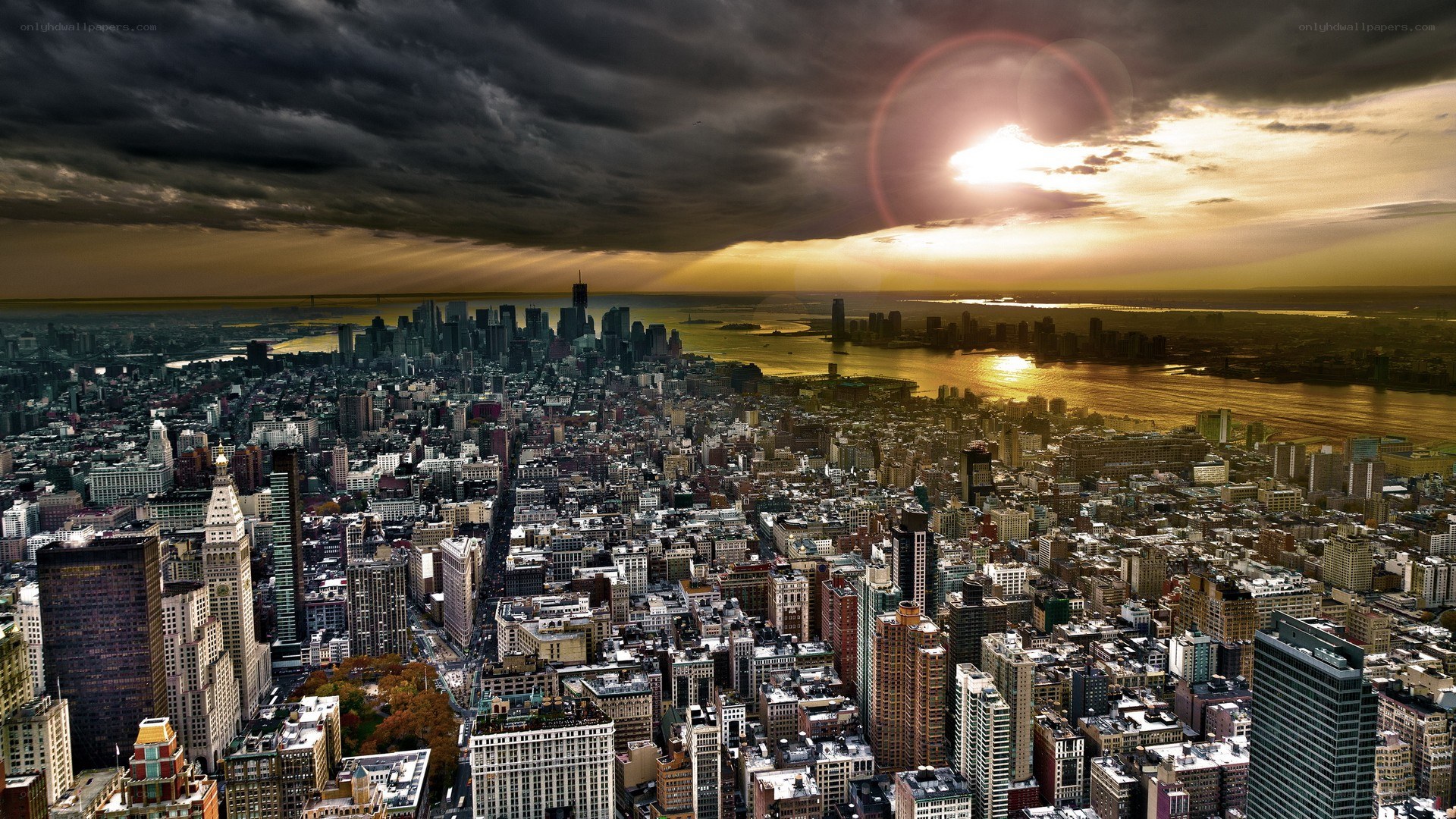 City skyline at sunset