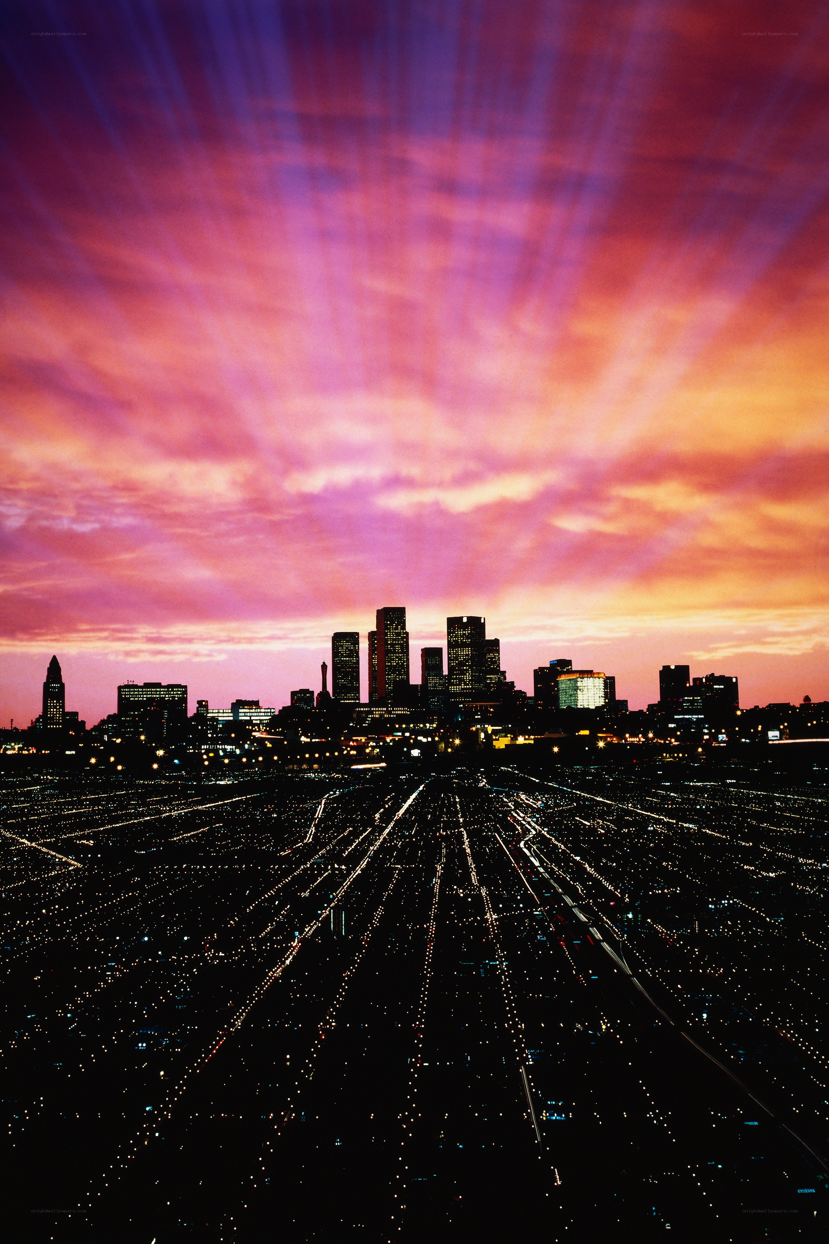City skyline at sunset