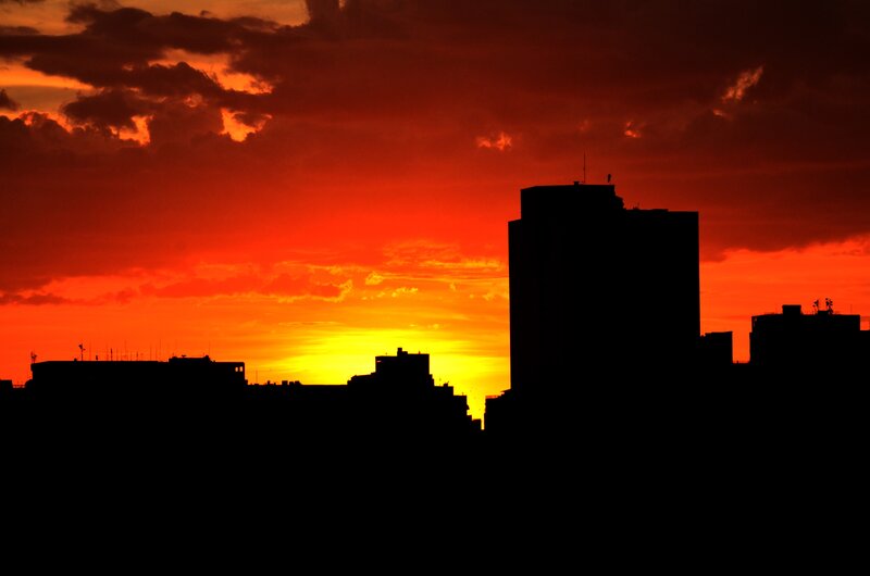 City skyline at sunset