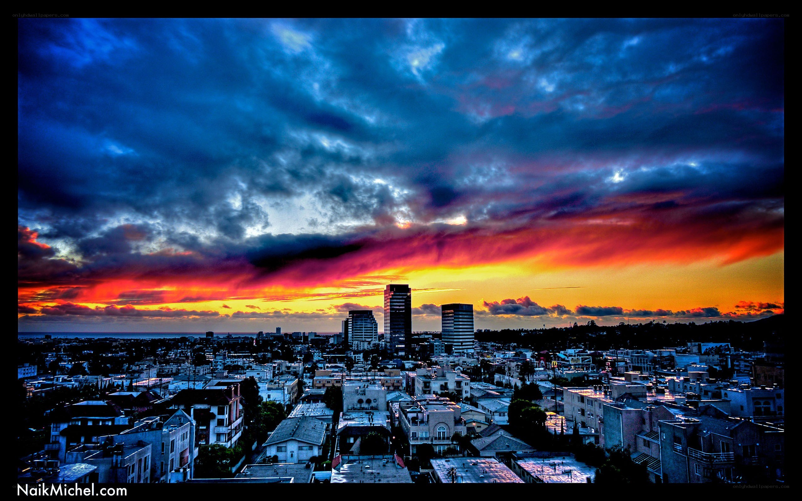 City skyline at sunset