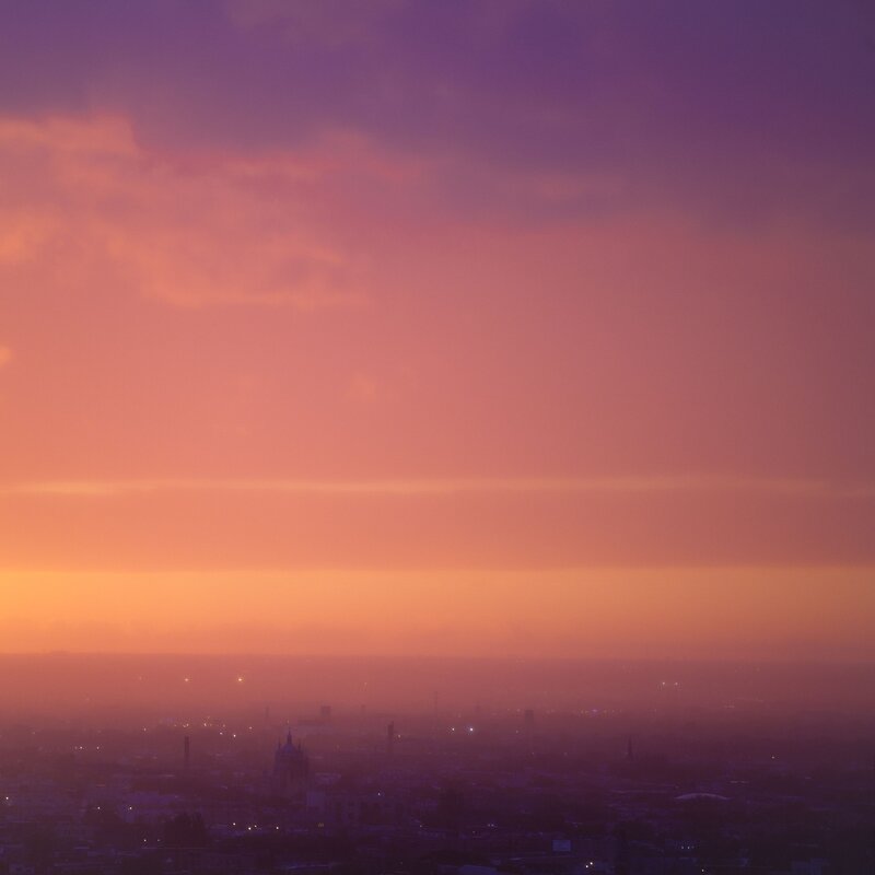 City skyline at sunset