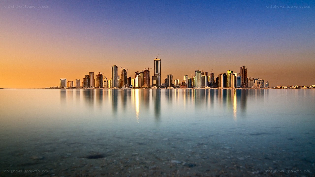 City skyline at sunset