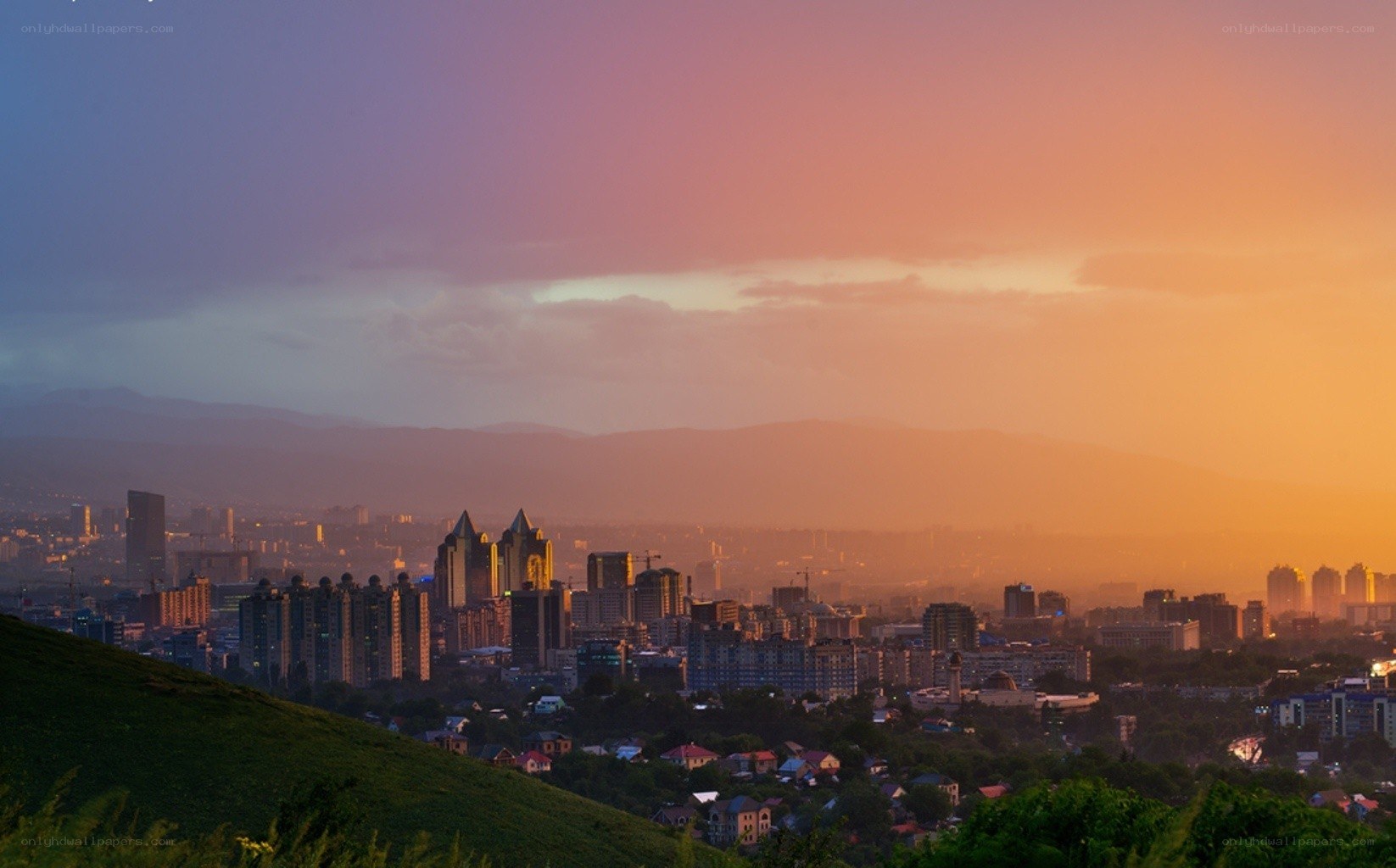 City skyline at sunset