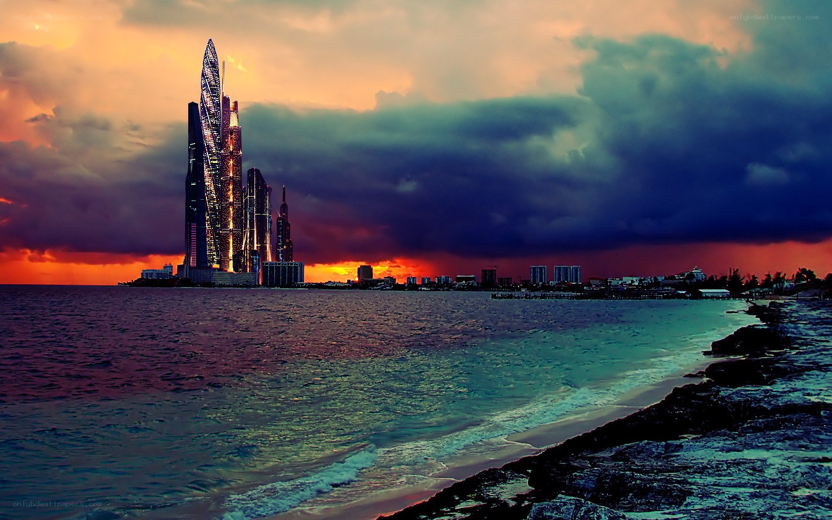 City skyline at sunset