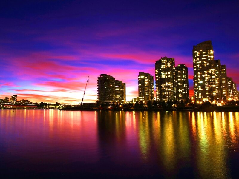 City skyline at sunset
