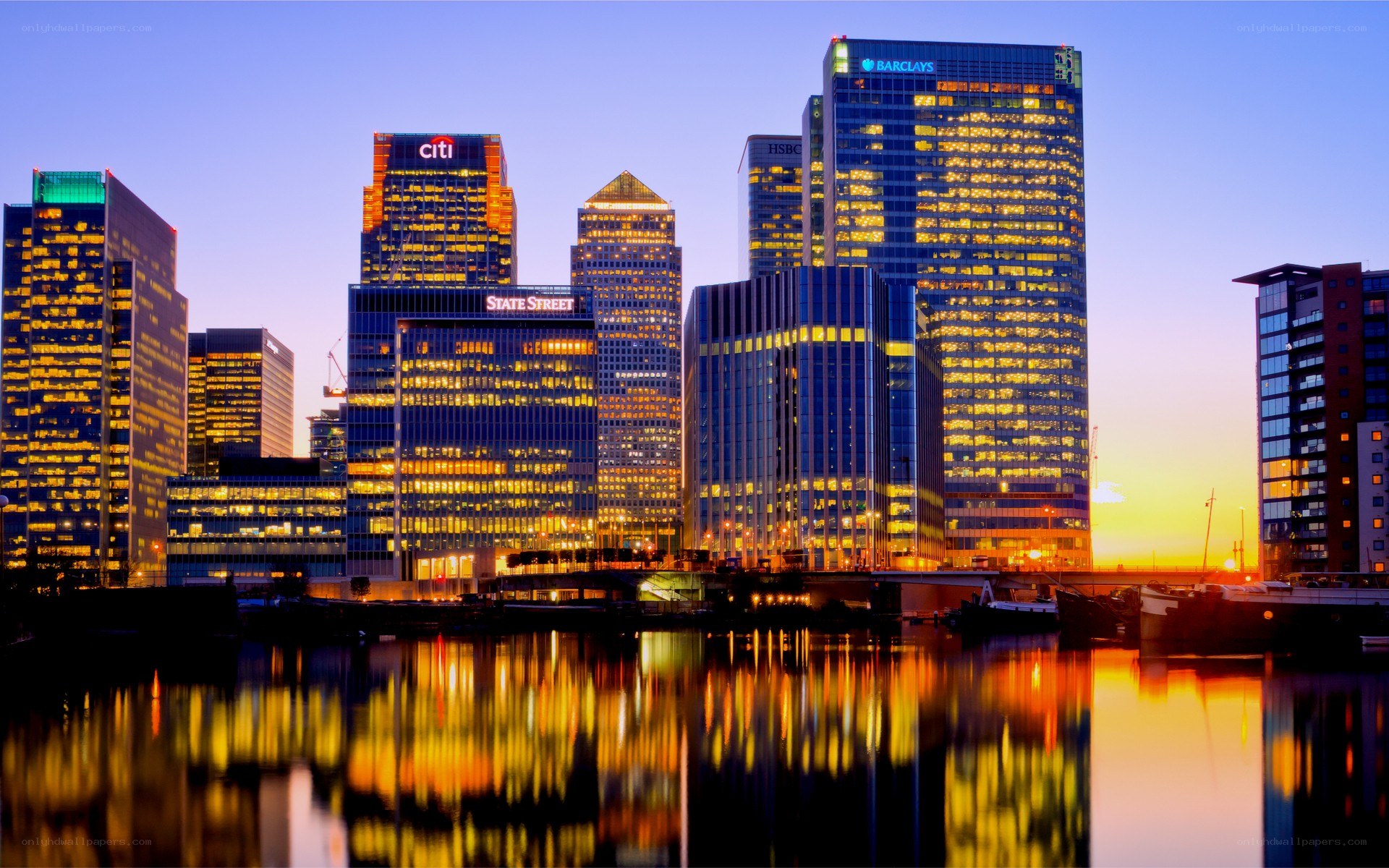 City skyline at sunset