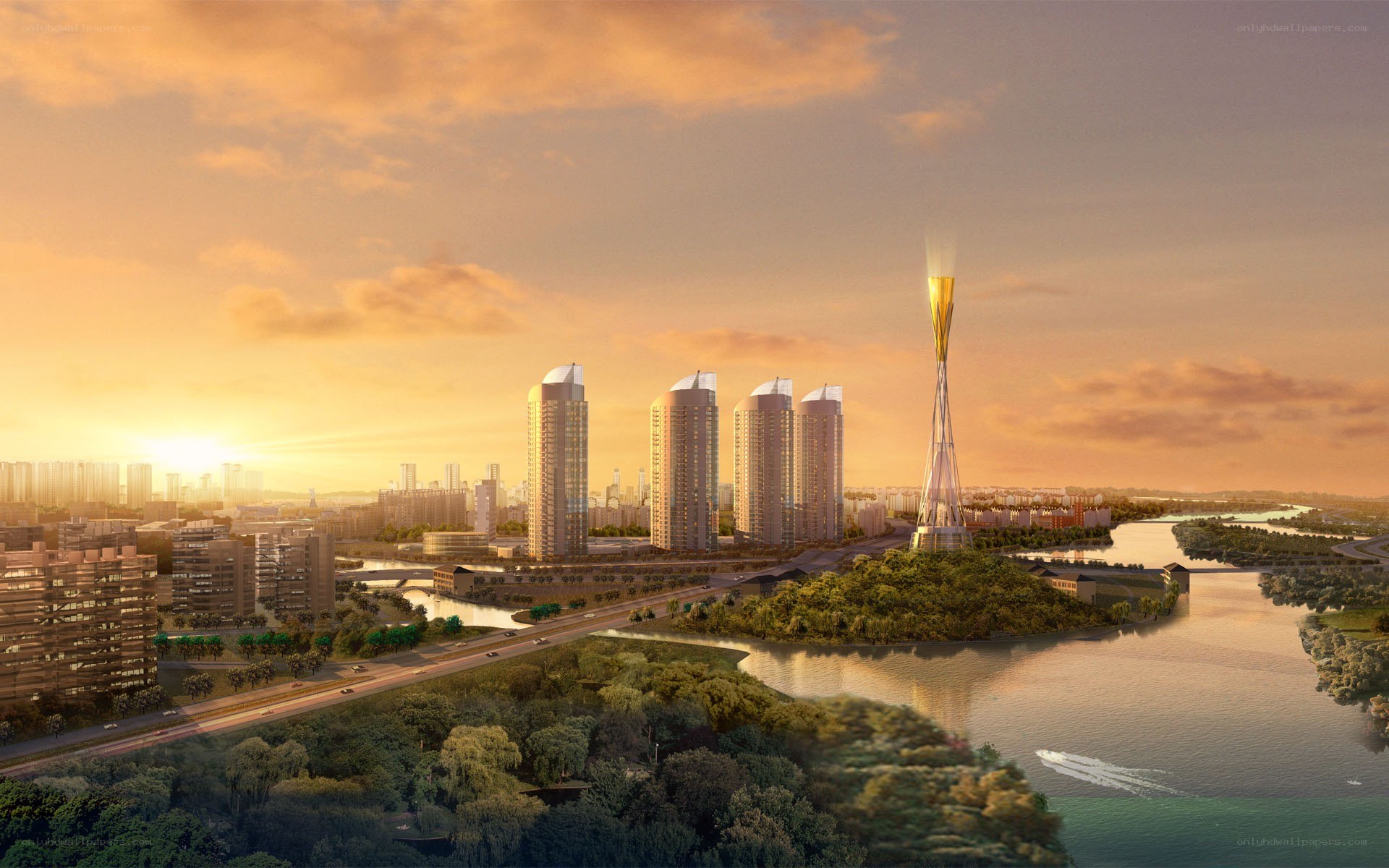 City skyline at sunset