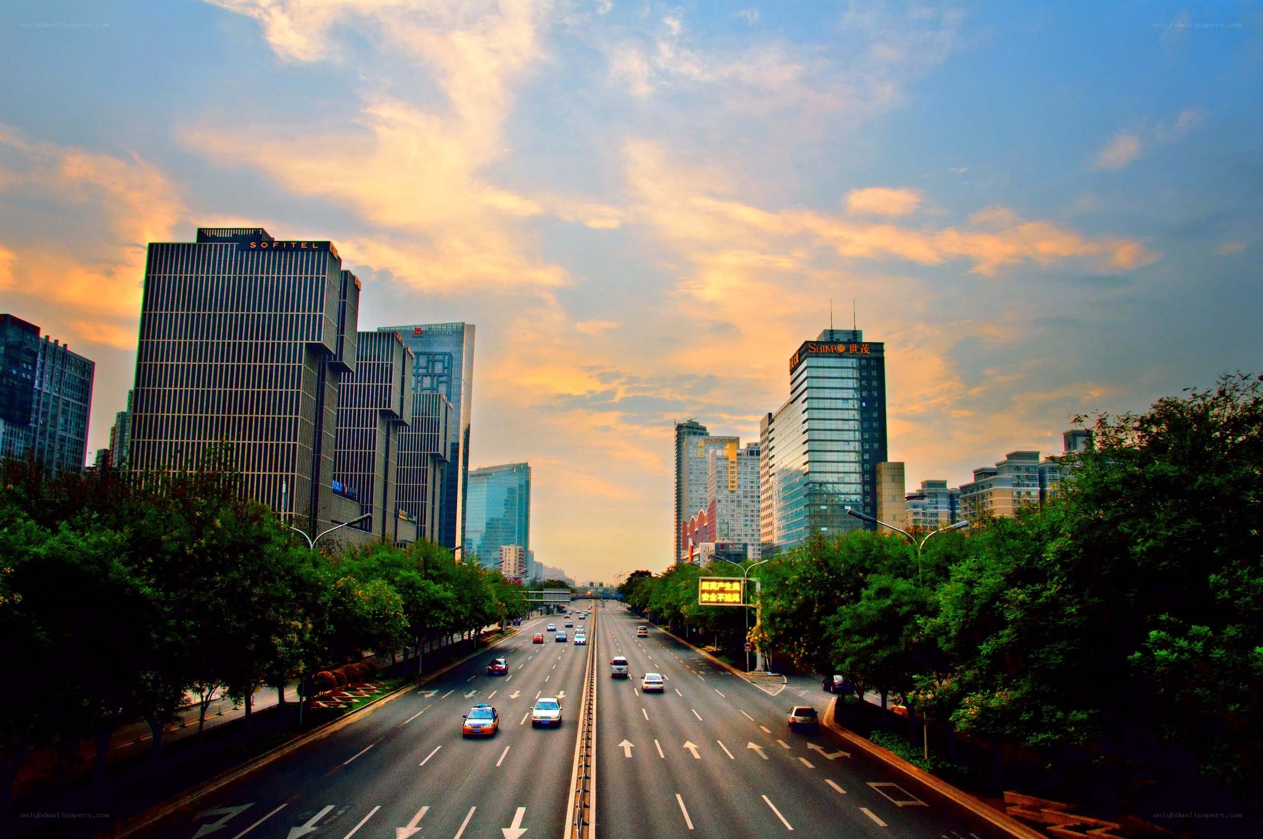 City skyline at sunset