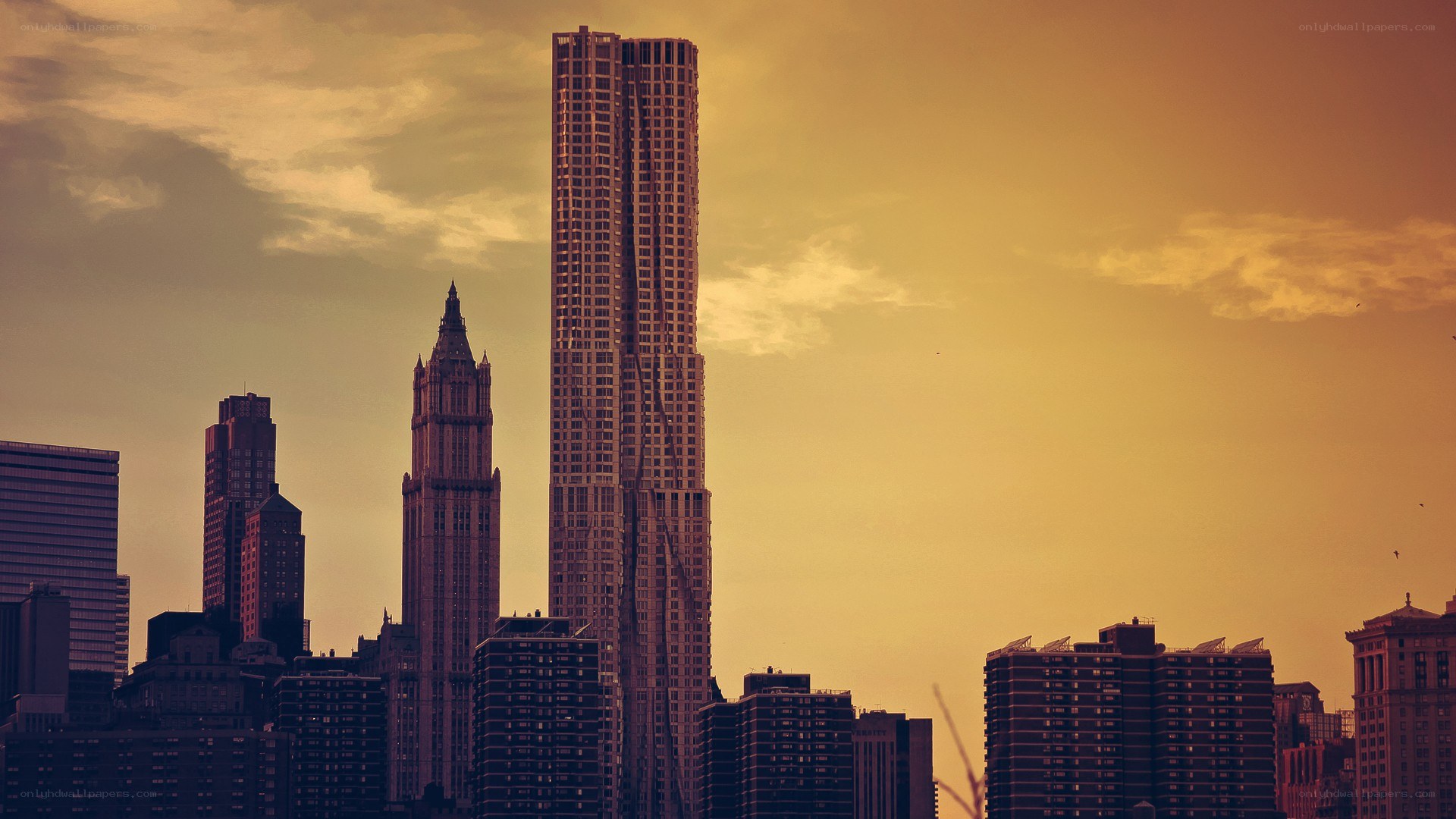 city skyline at sunset