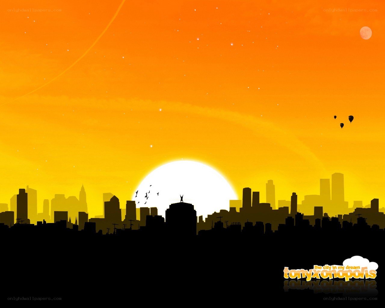 City skyline at sunset