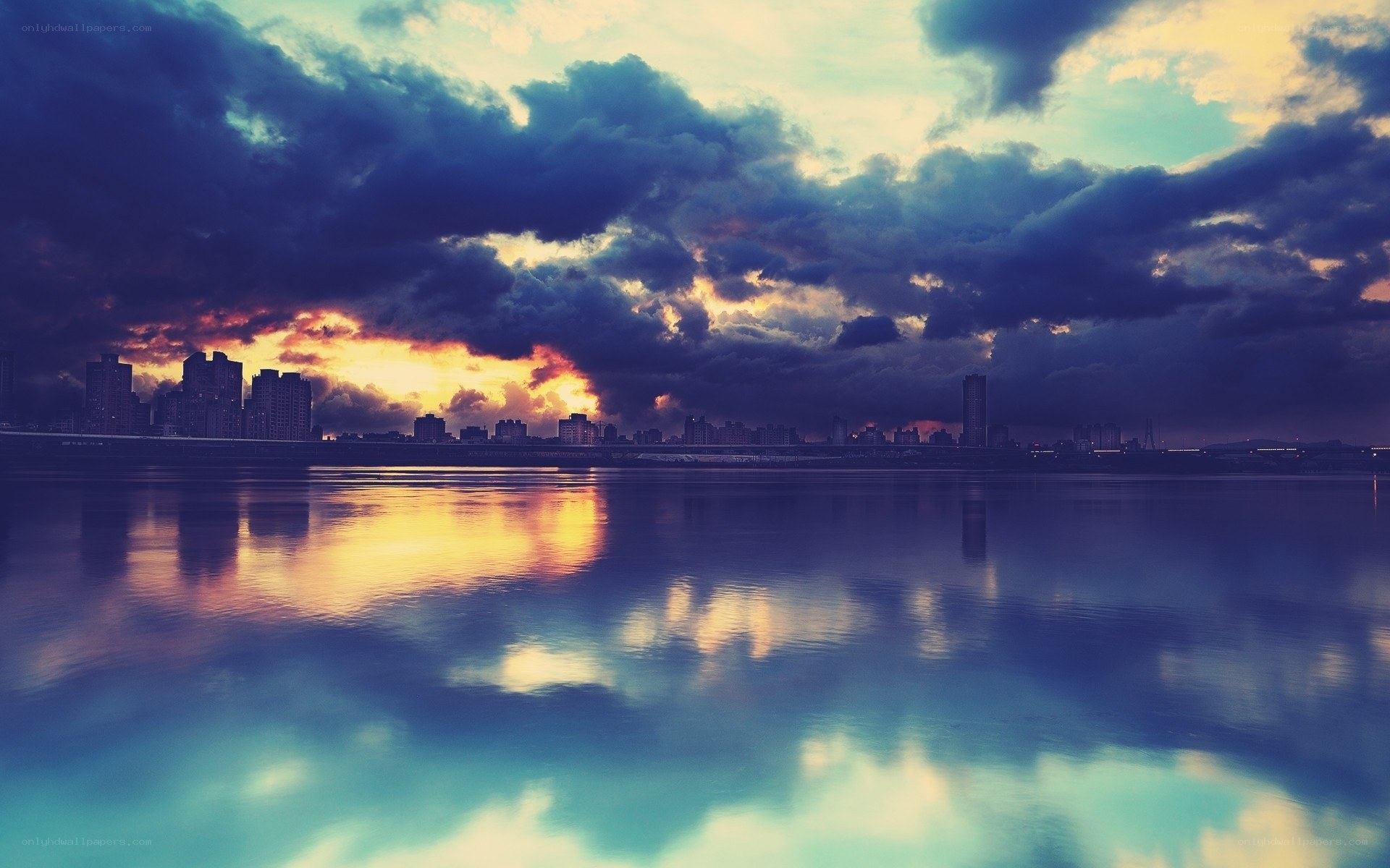 City skyline at sunset