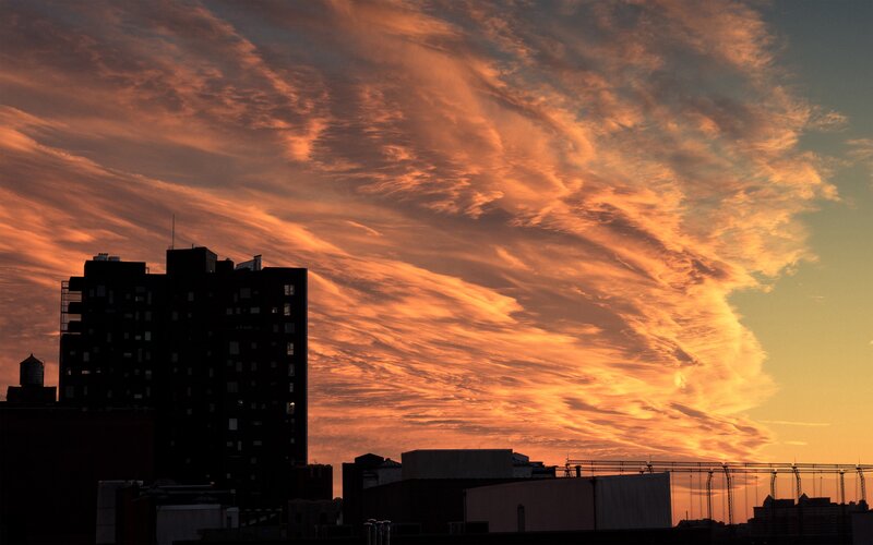 City skyline at sunset