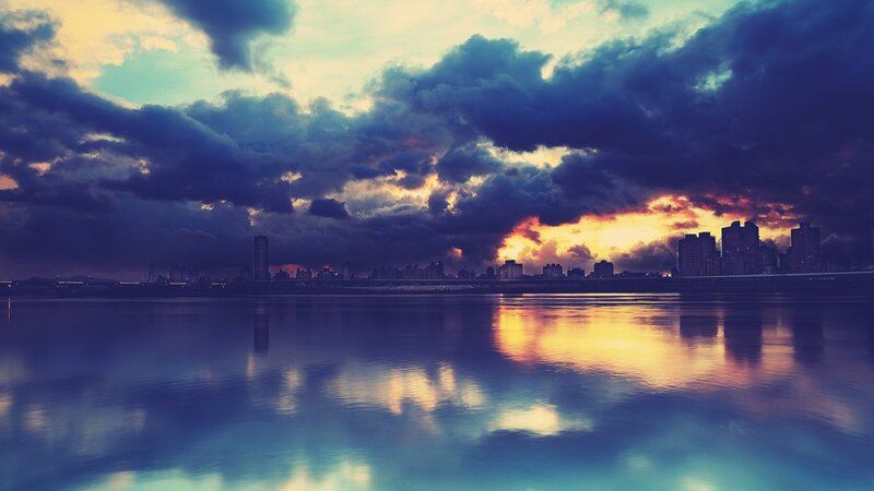City skyline at sunset