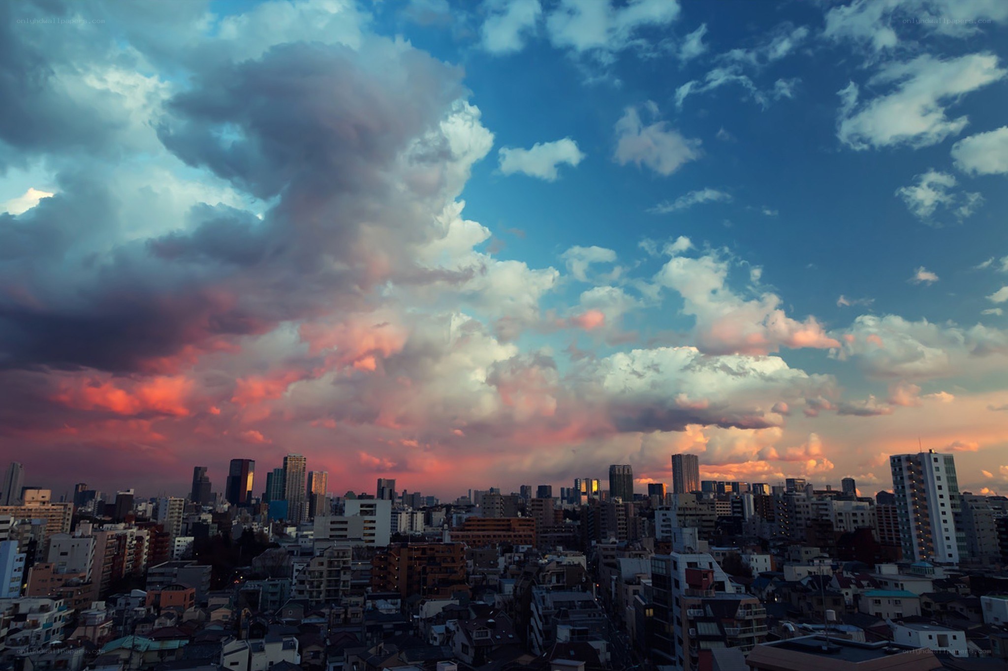 City skyline at sunset