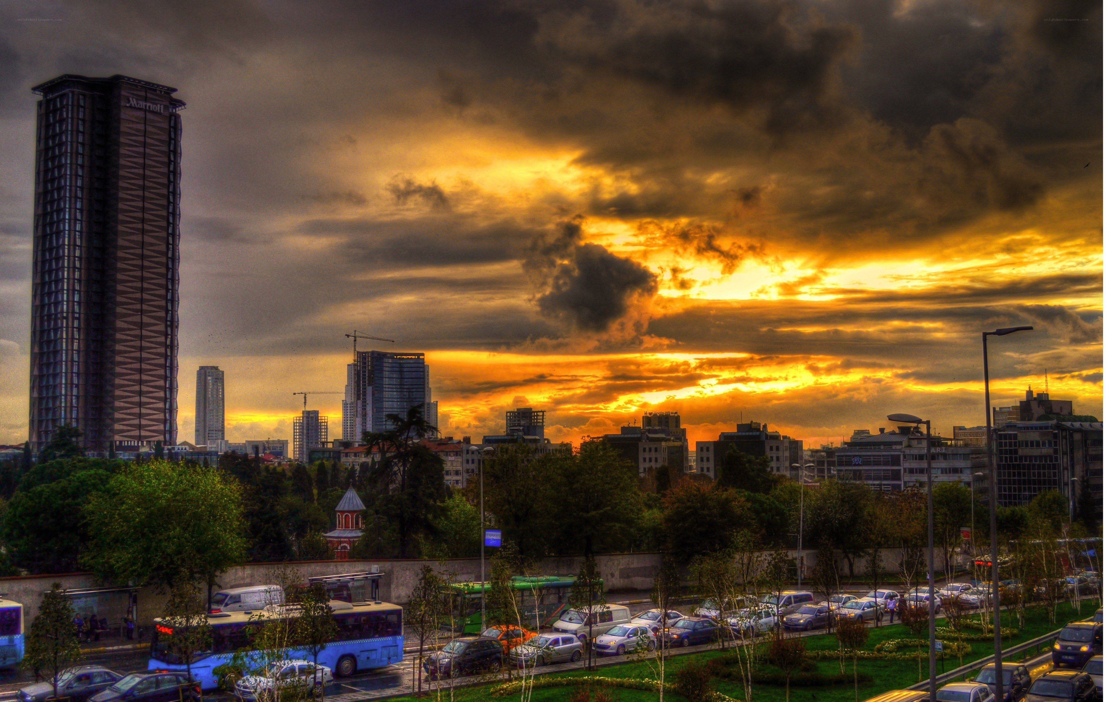 City skyline at sunset