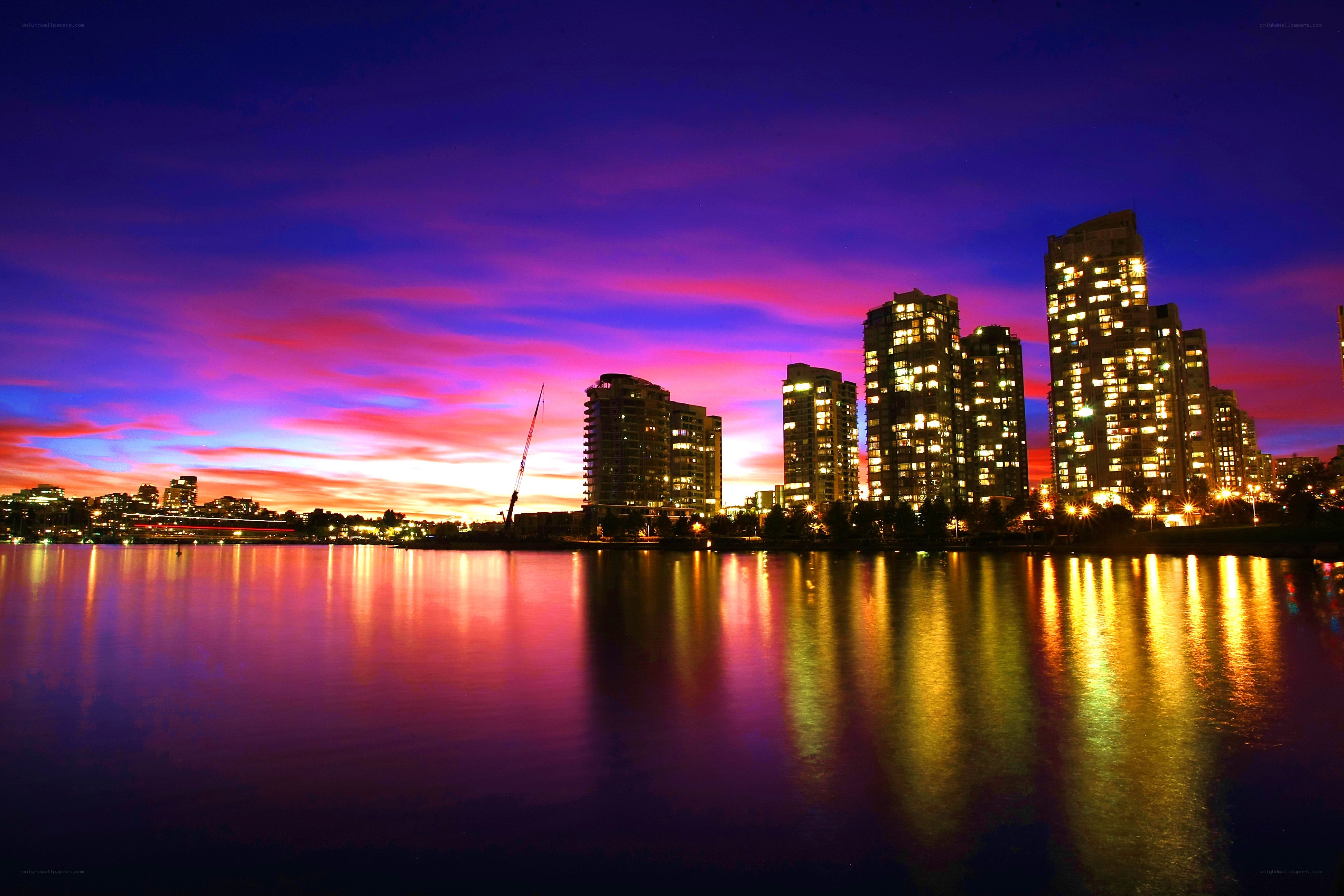 City skyline at sunset