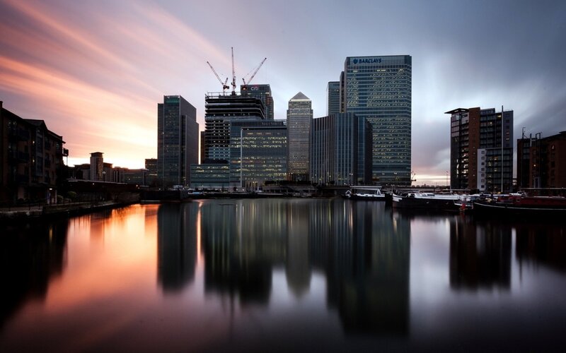 City skyline at sunset