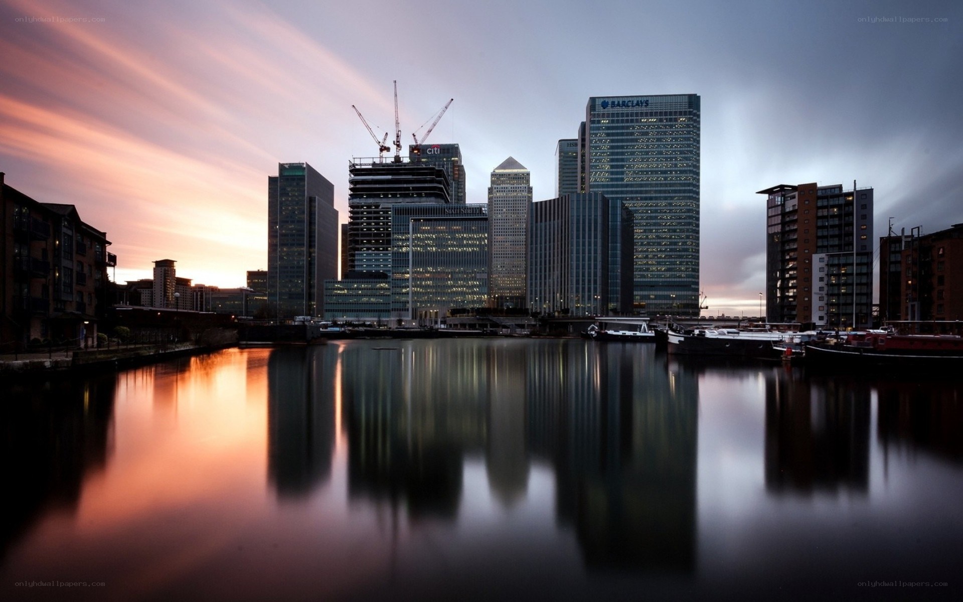 City skyline at sunset