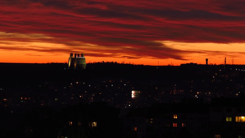 City skyline at sunset