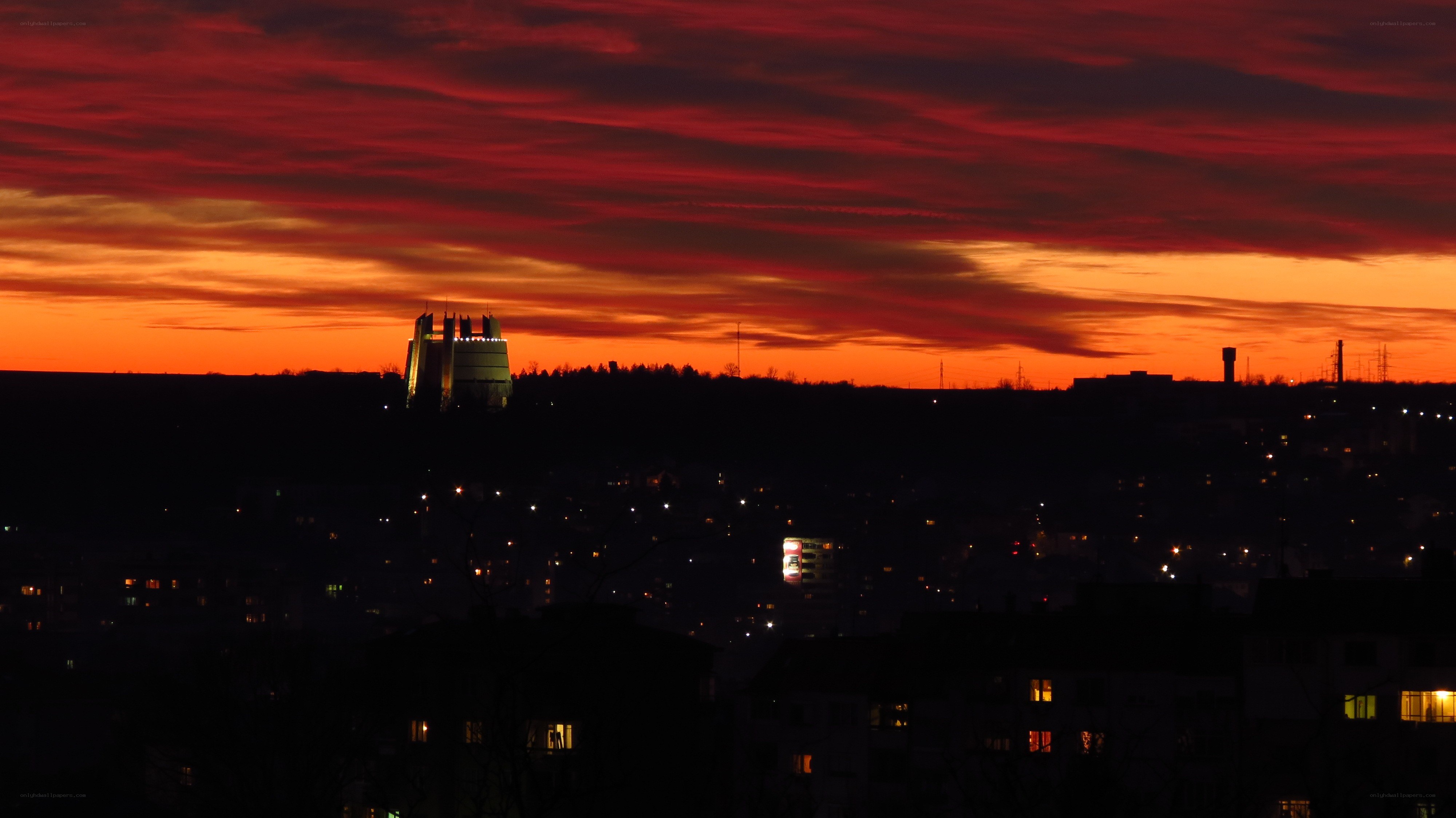 City skyline at sunset