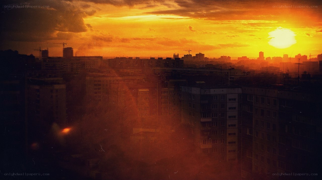 City skyline at sunset