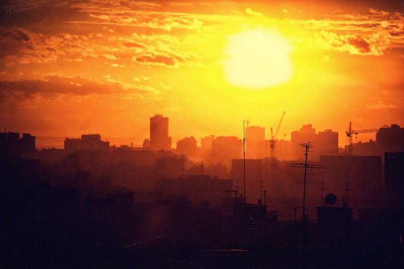 City skyline at sunset