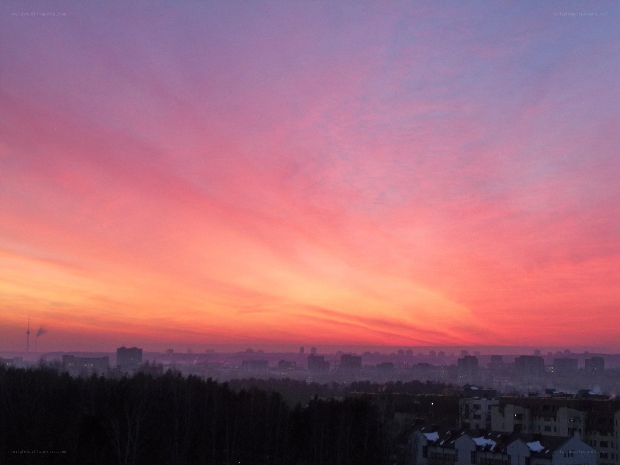 City skyline at sunset