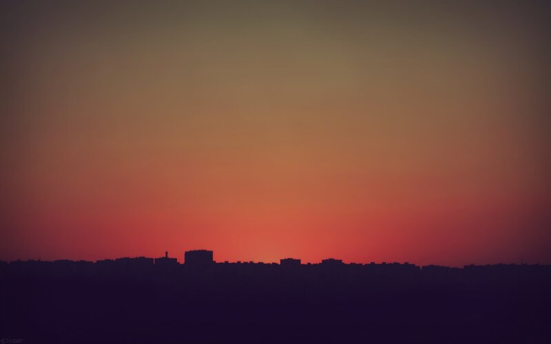 City skyline at sunset