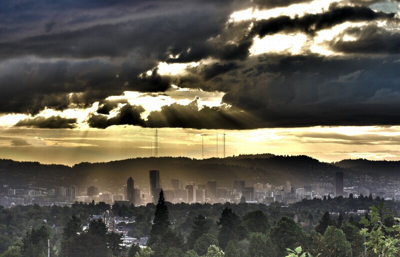 City skyline at sunset
