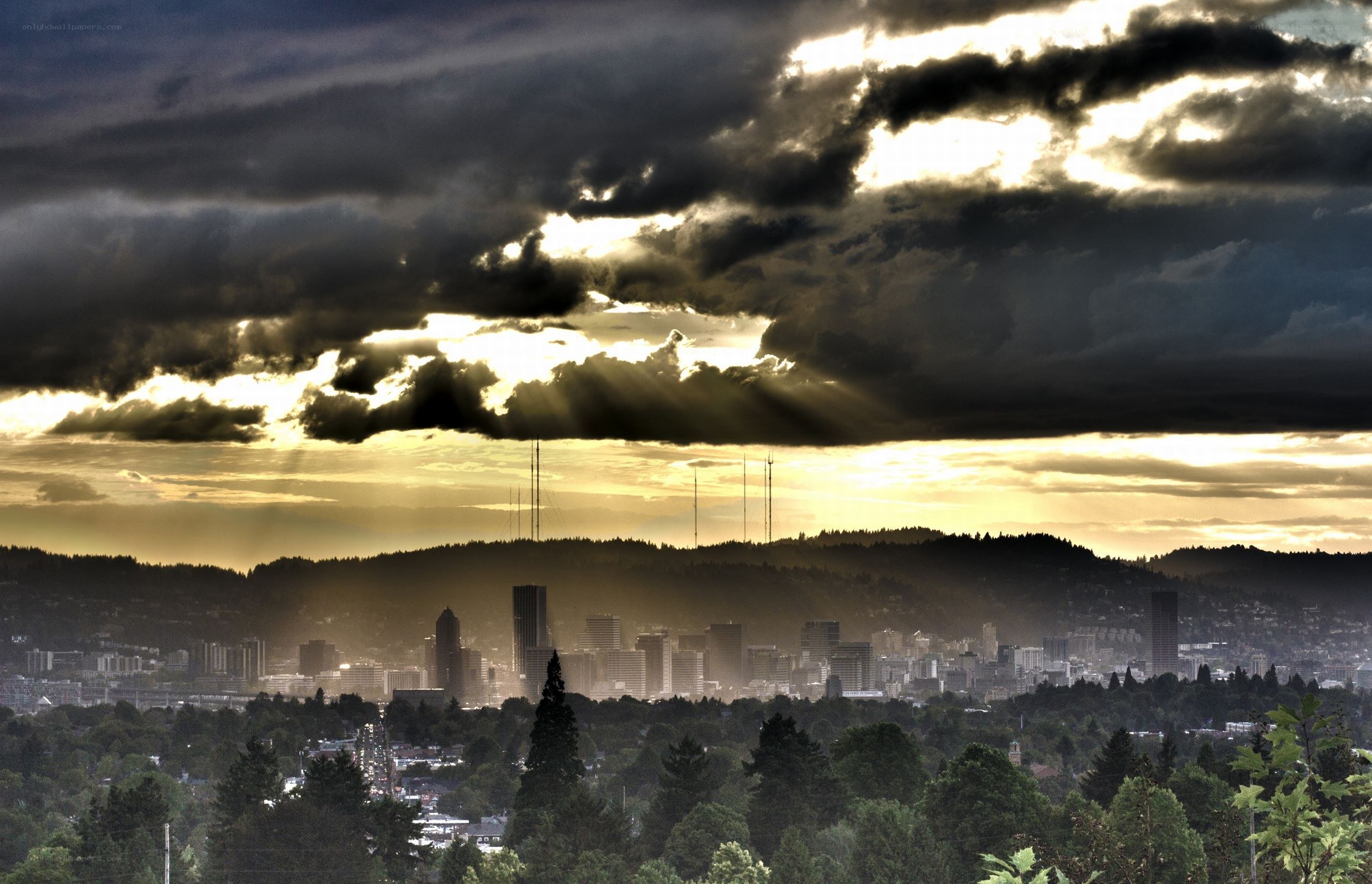 City skyline at sunset
