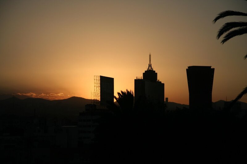 City skyline at sunset