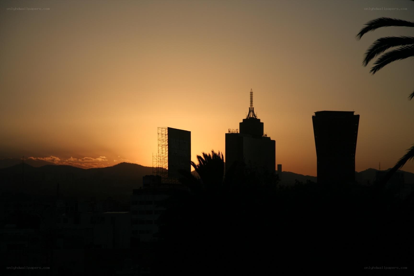City skyline at sunset