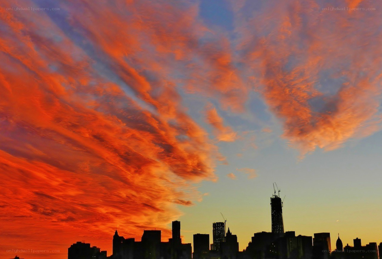 City skyline at sunset