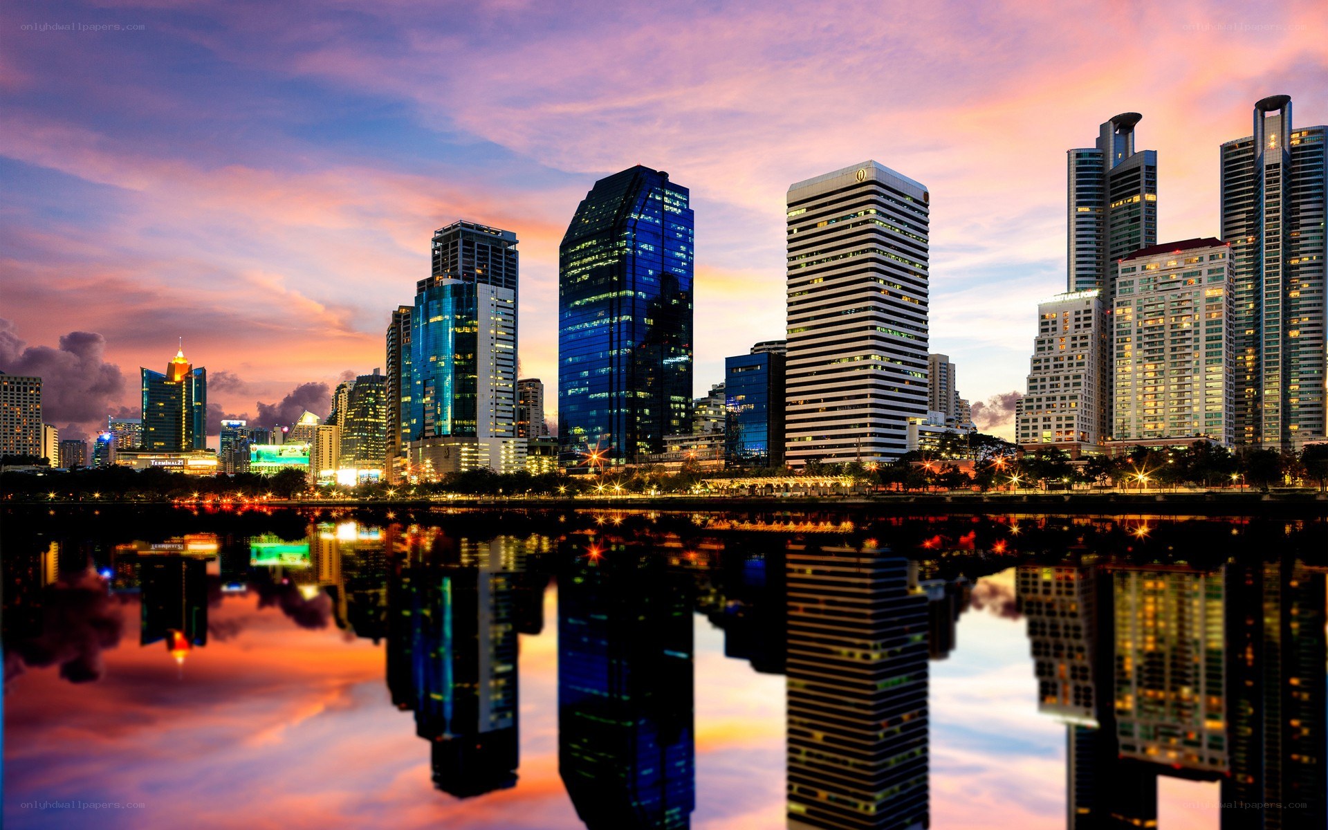 City skyline at sunset