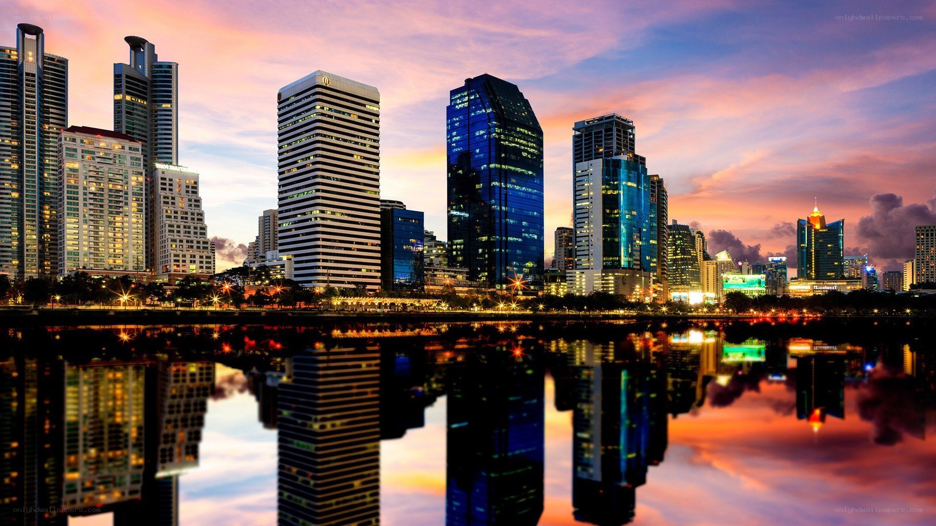 City skyline at sunset